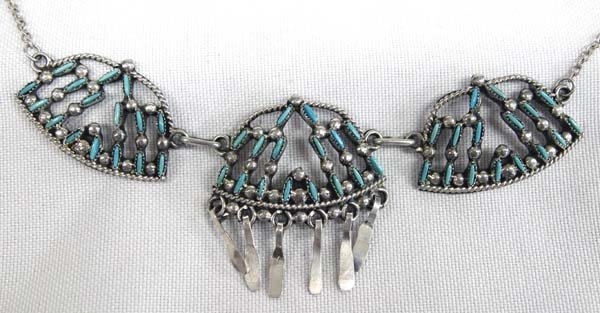 Zuni Sterling Needlepoint Turquoise Necklace: Zuni Sterling Silver Needlepoint Turquoise Necklace, measures 22'' end to end, pendant drop measures 1.5''L, 14.89g in total wt.