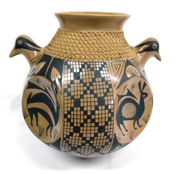 Mata Ortiz Bird Effigy Jar by Jose Gonzalez: Mata Ortiz Bird Effigy Jar by Jose Gonzalez, measures 9.75''H x 9.5''D, features textured neck, and eye dazzling designs, 4 concave decorated areas with stylized rabbits, signed on bottom by artist