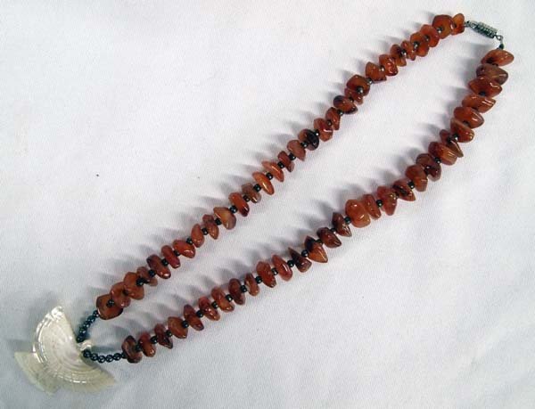 Carnelian Agate and Mother of Pearl Eagle Necklace: Carnelian Agate and Carved Mother of Pearl Eagle Necklace, measures 17'' end to end