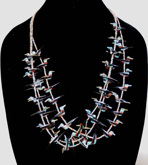 1950 Zuni Inlay Duck Fetish and Heishi Necklace: 1950 Zuni Inlay Duck Fetish and Heishi Necklace, measures 27.5'' end to end and fetishes measure 1.5''L x .5''W, gorgeous fetishes made of jet, mother of pearl, gold lip shell, turquoise, soapstone, a