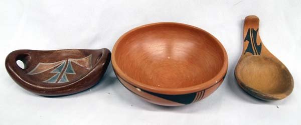 2 Hopi Pottery Pieces and 1 San Juan Bowl: 2 Hopi Pottery Pieces and 1 San Juan Bowl, includes San Juan Polychrome Pottery Bowl, Hopi Pottery Ladle, and Hopi Pottery Bowl which is the largest measuring 2''H x 5''D and has 2 small nips