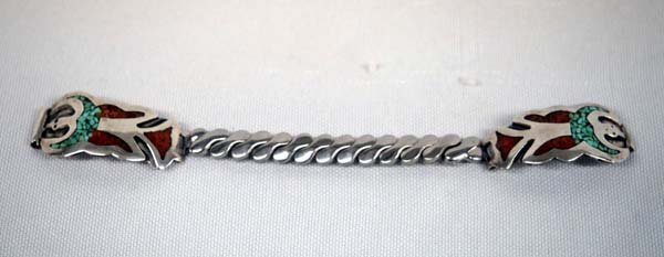 1970 Navajo Silver Chip Inlay Watch Band by Nelson: 1970 Navajo Sterling Silver Turquoise and Coral Chip Inlay Watch Band by Delvin J. Nelson, tip measures 1.25''L x .5''W, hallmarked DJN, 10.57g in total wt.