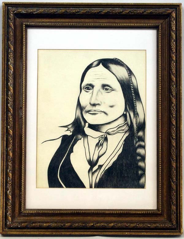 Original Pen and Ink of Chief Big Bow: Original Pen and Ink of Chief Big Bow, framed, matted, and under glass, visual measures 8.5'' x 11''