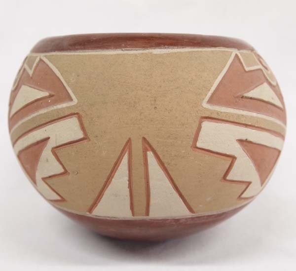 San Juan Carved Polychrome Pottery Bowl by Aquino: Native American OhKay Owingeh San Juan Pueblo Carved Polychrome Pottery Bowl by Martina Aquino (1920-1982), circa: 1970's, measures 5'' X 6'', signed on bottom by artist, ''This vintage Native America