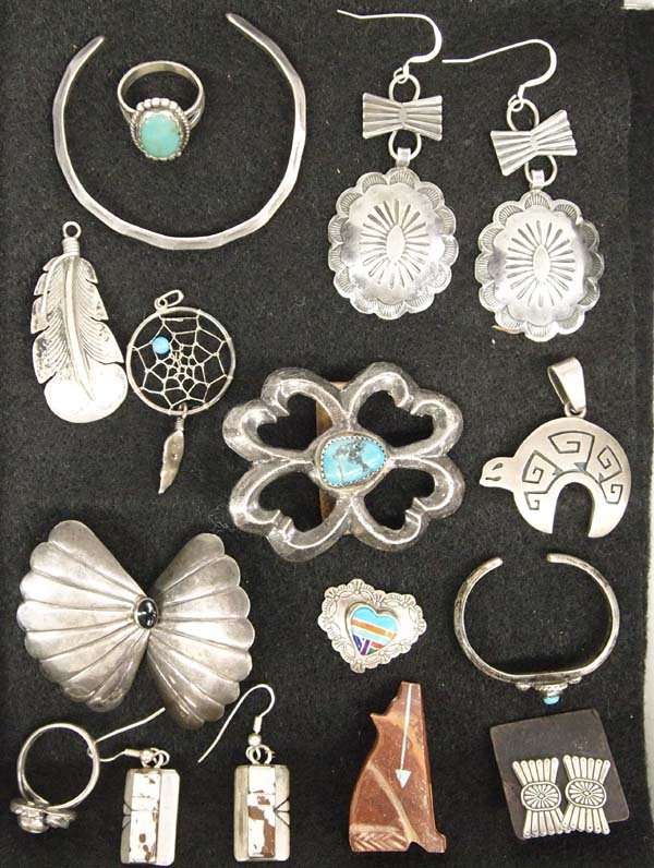 Collection of Navajo Sterling Jewelry Multi-Stone: Collection of Native American Navajo Sterling Jewelry and Carved Stone Bear Fetish, Multi-Stone, #1 Sterling Turquoise Concho, is the longest measuring 2.25''L x 1.75''W, #2 Sterling Concho Pierced Ea