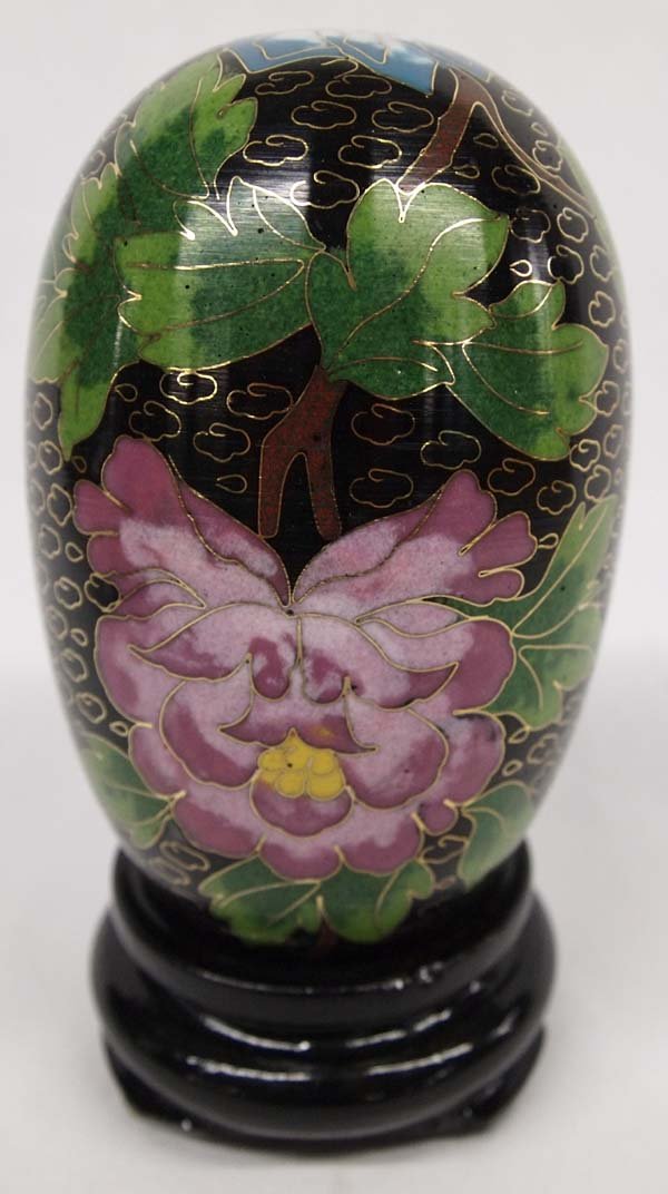 Oriental Cloisonne Style Egg on Wooden Stand: Oriental Cloisonne Style Egg on Wooden Stand, measures 5''H