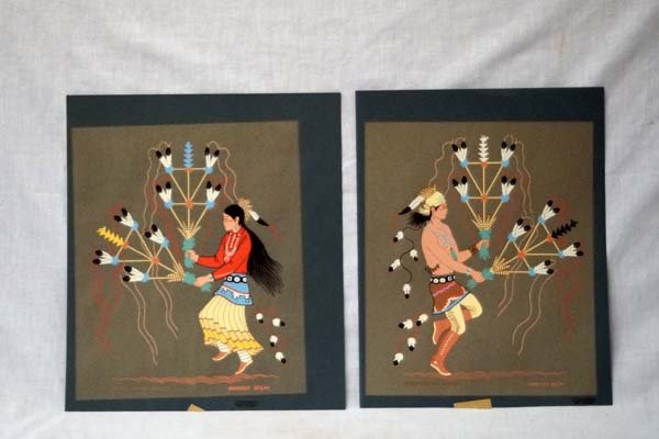 Pr Navajo Harrison Begay Prints: Pr Native American Navajo Harrison Begay Prints, measure 11'' x 14'', #1 ''Navajo Feather Dancer'' Male #2 ''Navajo Feather Dancer'' Female, can be rolled to ship