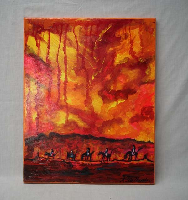 2015 Original Acrylic by Kathy Kills Thunder: March 3, 2015 Original Acrylic ''Sunset War Party'' by Kathy Kills Thunder, measures 20''H x 16''W, signed in lower left corner and signed-dated-titled on back by artist, Artist Bio: Kathleen Kills Th