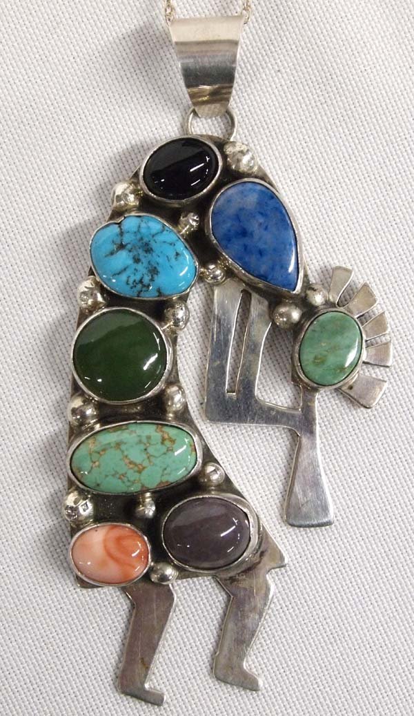 Navajo Silver Kokopelli Pendant Necklace, Thompson: Native American Navajo Sterling Silver Multi-Stone Kokopelli Pendant Necklace by Emer Thompson, hallmarked and stamped sterling, sterling chain measures 23'' end to end and pendant 3.25''H x 1.75''W, 