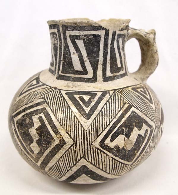 Prehistoric Tularosa Black on White Pitcher: Prehistoric Native American Tularosa Black on White Pitcher, measures 6.5'' x 6.5'', 15% restoration, maze pattern, effigy animal handle, comes with COA, Acquired in accordance with all State and Fede