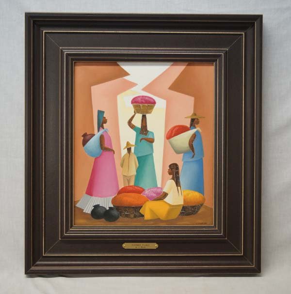 1981 Original ''Market Place'' by J. Rocha: 1981 Original ''Market Place'' by J. Rocha, beautifully framed, signed in lower left corner by artist, comes with brass nameplate, visual measures 14'' X 11''