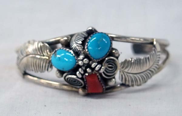 1950 Navajo Silver Turquoise Coral Bracelet,Lucy C: Vintage 1950 Native American Navajo Silver Turquoise Coral Bracelet by Lucy C, inside measures 6.5'' which includes opening x 1''W, hallmarked Lucy C and stamped sterling, 16.64g in total wt.