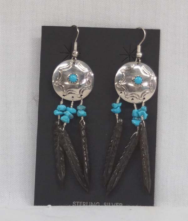 Navajo Sterling Turquoise & Obsidian Earrings: Native American Navajo Sterling Turquoise & Obsidian Earrings, measure 2.5''L x .75''W, features brown obsidian feather dangles on sterling conchos, 8.5g in total wt.