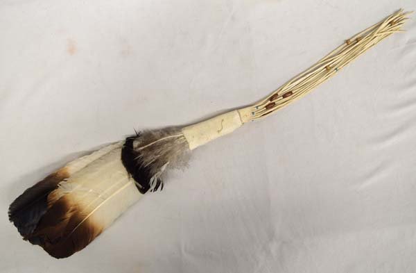 Plains Indian Doe Skin Turkey Feather Dance Fan: Native American Plains Indian Turkey Feather Dance Fan, measures 27''L x 5''W, handle is suede wrapped and has long suede fringe, embellished with various beads