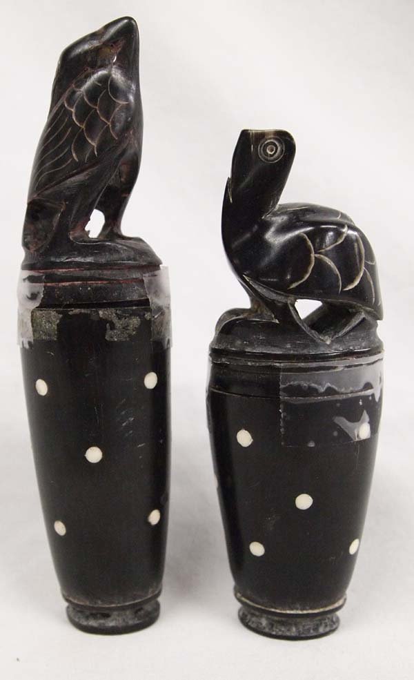 Carved Water Buffalo Horn Herb Containers: Fabulous Carved Water Buffalo Horn Herb Containers, inlay with white bone accents, turtle box is 4.75''T and the bird box is 5.75''T, from the Lombok Island, Indonesia