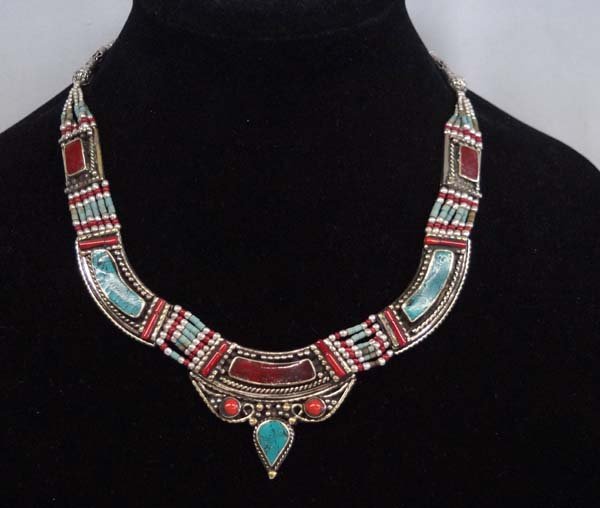 Nepalese Turquoise Coral Necklace: Beautiful Nepalese Turquoise Coral Necklace, chip inlay turquoise and coral with turquoise and coral beads, measures 19'' end to end, center pendant is 1.5''W