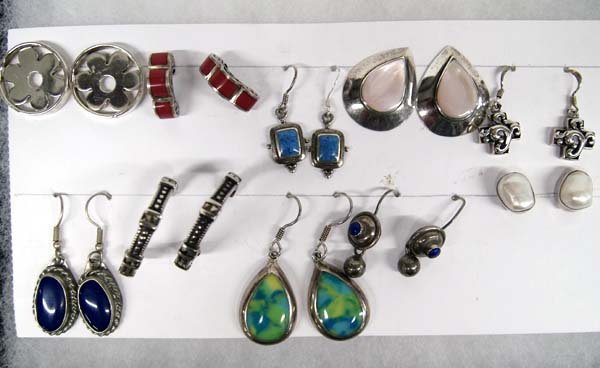 10 Pr Sterling Silver Earrings, Multi-Stone: 10 Pr Sterling Silver Earrings, Multi-Stone, longest measure 1.25''L, stones included are lapis, mother of pearl, marcasite, coral, pink mother of pearl, and turquoise