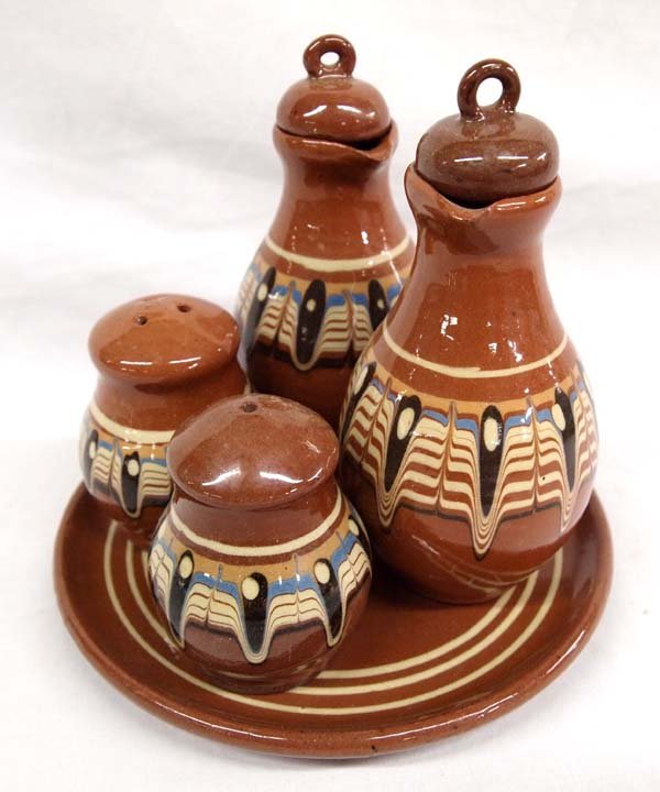 Bulgarian Troyan Redware Pottery Condiment Set: Bulgarian Troyan Redware Pottery Condiment Set, vinegar bottle measures 6''H, 4 piece, Troyan pottery is considered the true Bulgarian pottery. The Troyan style began to evolve in the 19th century bas