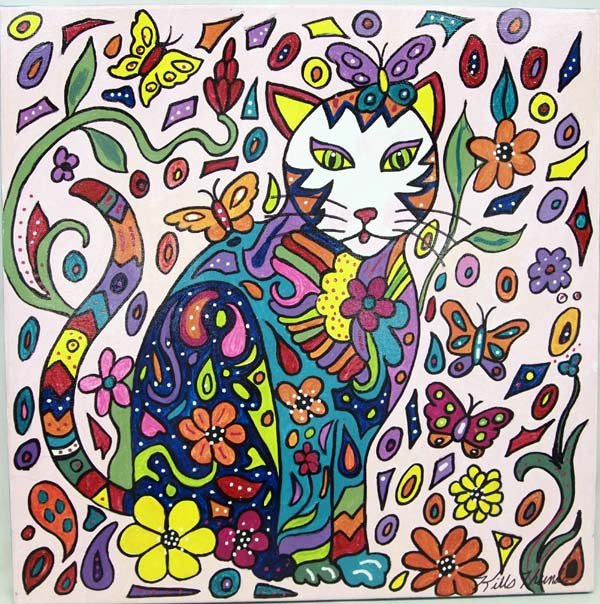 Original Acrylic Painting by Kills Thunder: Original Colorful Acrylic Painting by Kills Thunder. This sweet piece measures approx. 20'' x 20'' and depicts a cat in a pink butterfly filled world. Artist Bio: Kathleen Kills Thunder was born in Se