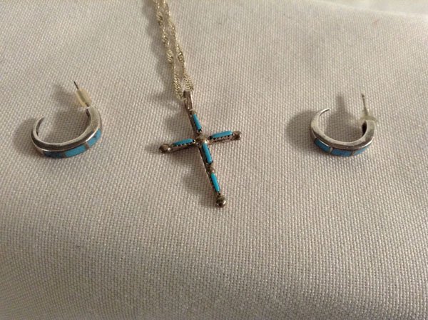 Zuni Sterling Turquoise Cross Necklace & Earrings: Native American Zuni Sterling Turquoise Cross Necklace & Earrings, delicate set of needlepoint turquoise, cross pendant necklace and turquoise channel inlay earrings stamped .925, sterling chain measu