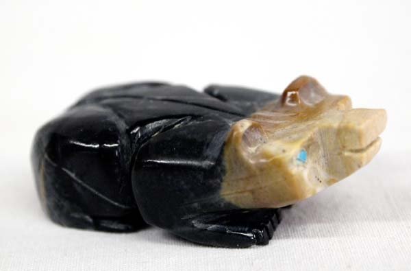Zuni Picasso Marble Badger Fetish by Tim Lementino: Native American Zuni Carved Picasso Marble Badger Fetish by Tim Lementino, hallmarked on bottom of fetish by artist, turquoise eyes