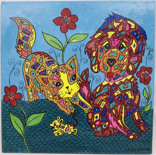 Original Acrylic Painting by Kathy Kills Thunder: Original Colorful Acrylic Painting by Kathy Kills Thunder. This piece depicts a playful dog and cat and is titled ''Friends''. Vivid psychedelic colors this piece measures approx. 20'' x 20''. Artist 