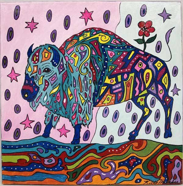 Original Acrylic Painting by Kills Thunder: Original Colorful Acrylic Painting ''Razzle Dazzle Bison'' by Kills Thunder. This unusual piece depicting a Colorful psychedelic buffalo measures approx. 20'' x 20''. Artist Bio: Kathleen Kills Thunde