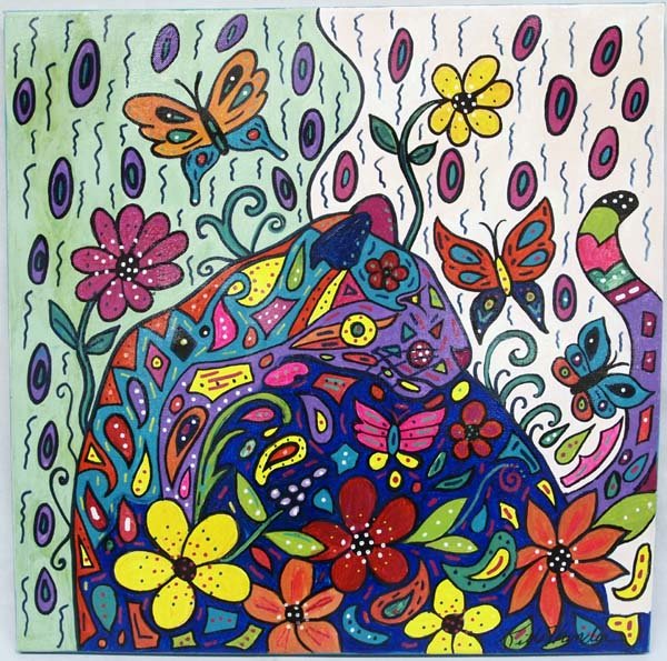 Original Acrylic Painting by Kills Thunder: Original Acrylic Painting by Kathy Kills Thunder. This unusual piece depicting a Colorful psychedelic panther is titled ''Fire Panther'' and measures approx. 20'' x 20. Artist Bio: Kathleen Kills Thun