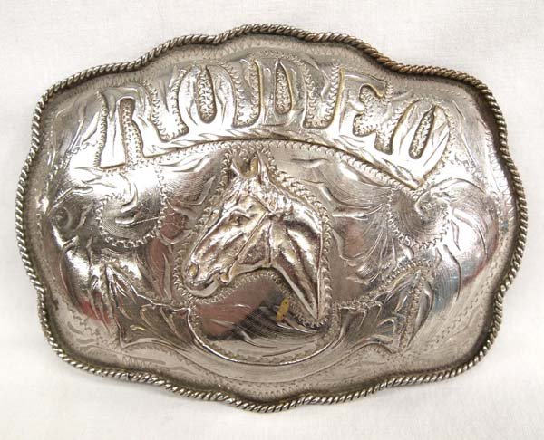 Mexican German Silver Rodeo Trophy Belt Buckle: Mexican German Silver Rodeo Trophy Belt Buckle, measures 4'' x 5.5'', stamped Alpaca Mexico