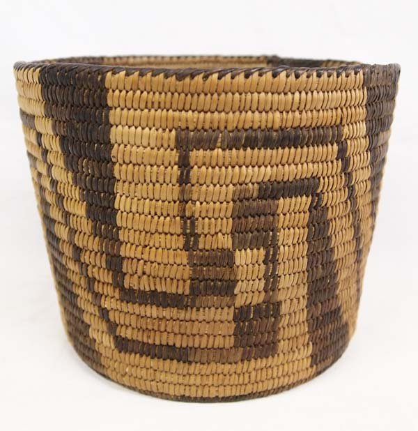 Antique Pima Stairstep Cylindrical Basket: Antique Native American Pima Stairstep Cylindrical Basket, measures 7.5''D x 5.5''H, damage to rim