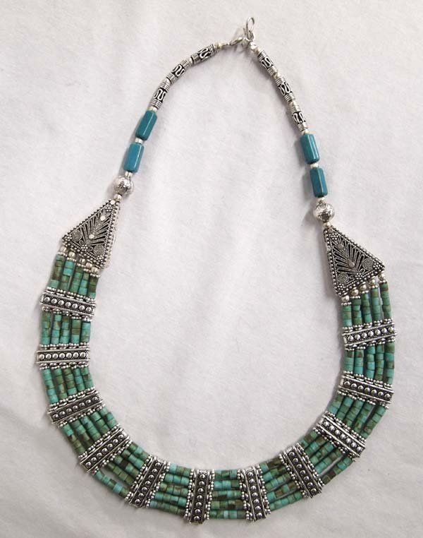 Tribal Turquoise Beaded Necklace: Tribal Turquoise Beaded Necklace, beautiful necklace, very flattering on, hand crafted in Nepal, measaures 19'' end to end x 1''W