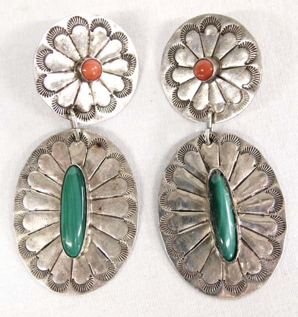 Navajo Sterling Silver Malachite & Coral Earrings: Native American Navajo Sterling Silver Malachite & Coral Concho Earrings, measure 3''L x 1.25''W, stamped sterling and halmarked VY and WS, Wilbert Secatero and Verna Yazzie, 19g in total wt.