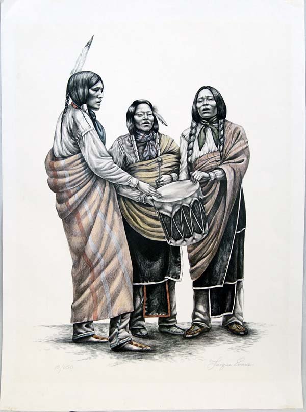 Signed & Numbered Print by Jacque Evans: Signed & Numbered Print by Jacque Evans. Numbered 19/650 This depicts 3 Native American drummers. It measures approx. 30''H x 22''W.