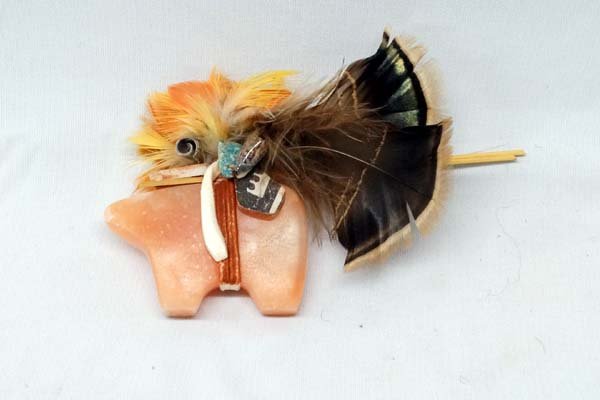 Navajo Orange Alabaster Carved Bear Fetish: Fabulous Native American Navajo Orange Alabaster Carved Bear Fetish, measures 4'' x 5'', feather-pottery-shell-yucca-leather offering bundle