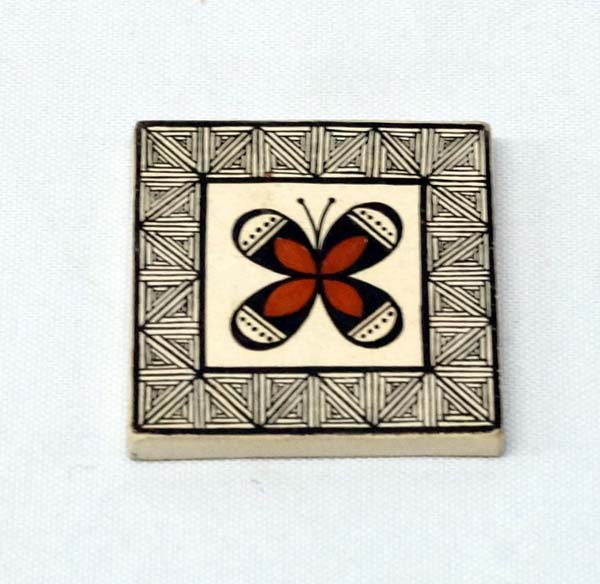 Acoma Miniature Butterfly Tile by A. Keene: Native American Acoma Miniature Butterfly Tile by A. Keene, measures 1.75'' x 1.75'' x 1.75''