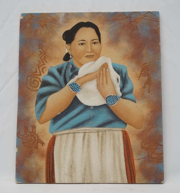 Navajo Sand Painting by Little River Simpson: Native American Navajo Sand Painting ''Navajo Frybread Maker'' by Little River Simpson, measures 16.5'' x 14'', signed on back by artist, on pressed board, minor corner and border damage, signed in lo