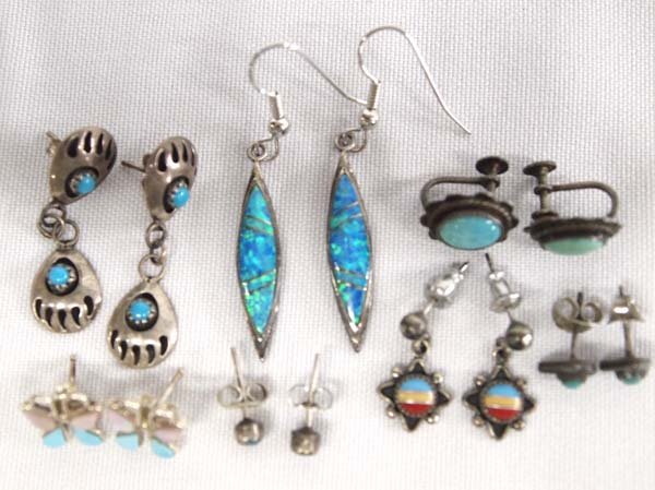 8 Pr Sterling Earrings, Mostly Native American (1 of 6)