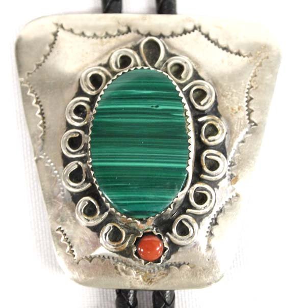 Navajo Sterling Silver Malachite & Coral Bolo Tie (1 of 4)