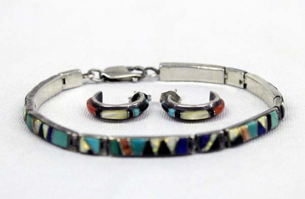 Zuni Sterling Silver Inlay Bracelet and Earrings (1 of 3)