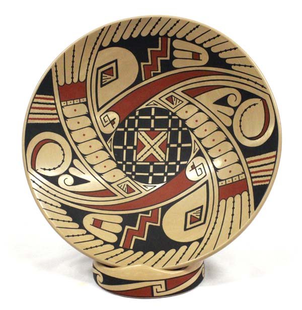 Mata Ortiz Shallow Bowl & Stand by J. Villalba: Exquisite Mata Ortiz Geometric Shallow Bowl and Matching Stand by Jose Andres Villalba H., measures 2''H x 8.75''D and stand measures 3.75''D x 2''H, features both abstract and geometric Paquime inspi