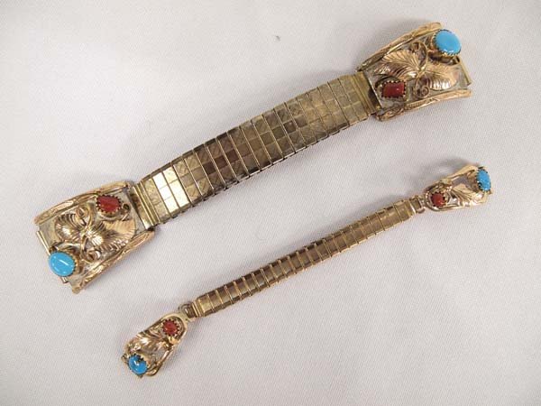 Pr Navajo Gold Filled Turquoise Coral Watch Bands (1 of 4)