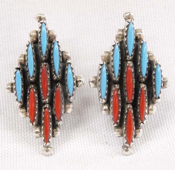 Zuni Turquoise Coral Needlepoint Earrings (1 of 2)
