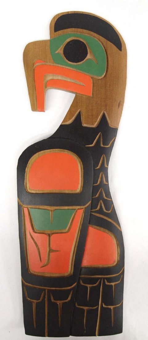 1993 Salish Eagle Carving by Cody Mathias: Beautiful 1993 Native American Salish Eagle Carving by Cody Mathias, signed by artist, measures 16.75''L x 5.5''W, written on back reads ''Eagle Coast Salish North Vancouver, B.C. Cody Mathias 93'', A