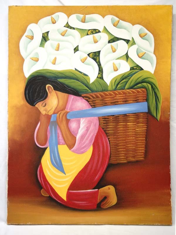 Original Acrylic Painting, Signed by Artist: Original Acrylic Painting, Signed by Artist, measures 23.5'' x 31.75'', in Diego Rivera style, there are two small holes in canvas where painting was nailed into frame it was in, also down by the sign