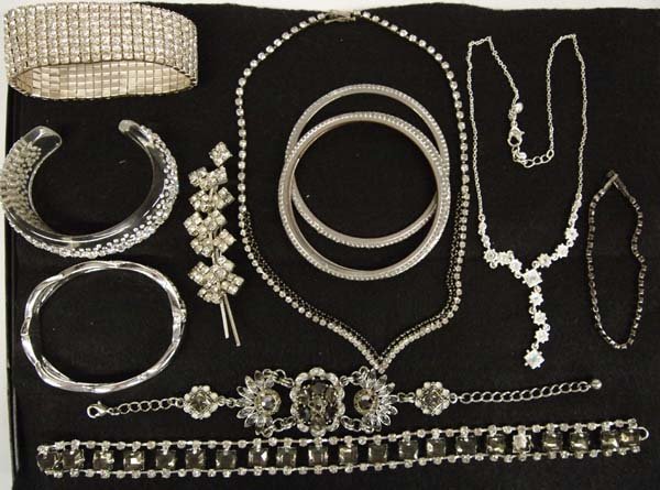 10 Shades of Grey Rhinestone Jewelry Collection: 10 Shades of Grey Rhinestone Jewelry Collection, beautiful vintage silvertone, prong set sparkling rhinestone jewelry, includes 2 necklaces, 4 bangle bracelets, 3 link bracelets, 1 shimmering pin, 1 s