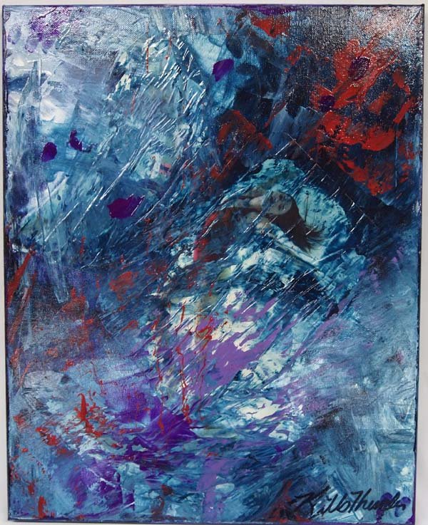 Original Acrylic Painting by Kathy Kills Thunder: Original Acrylic Painting Woman in the Lake by Kathy Kills Thunder, measures 16'' x 20'', signed by artist, Artist Bio: Kathleen Kills Thunder (her legal name) was born in 1947 in Seattle, WA. Her fat