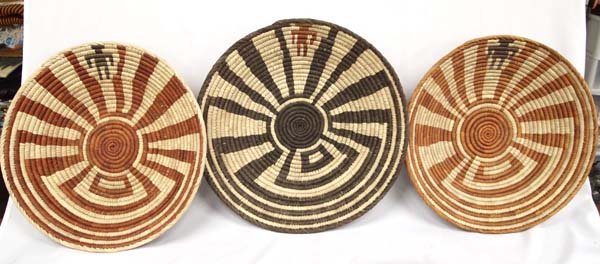 3 Man in the Maze Tribal Baskets: 3 Man in the Maze Tribal Baskets, largest measures 16''D x 3''H, beautiful colors and designs