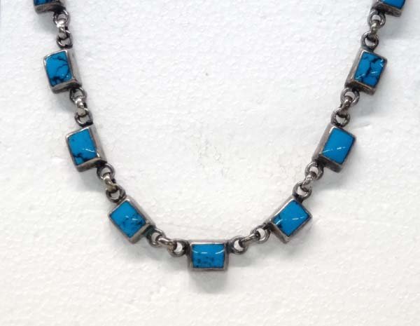 Vintage Taxco Sterling Silver Turquoise Necklace: Vintage Taxco Sterling Silver Turquoise Choker Necklace, hallmarked 1B-05 Mexico .925, measures 14'' end to end, 49.2g in total wt.