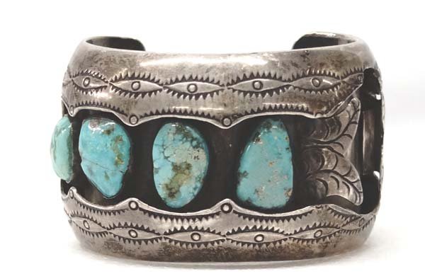 Navajo Old Pawn Sterling Turquoise Watch Bracelet (1 of 4)