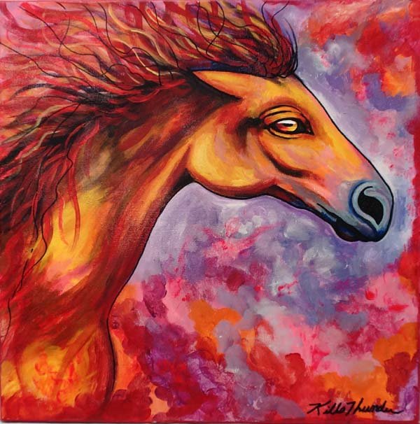 Original Acrylic Painting by Kathy Kills Thunder: July 1, 2015 Original Acrylic Painting ''Wild Fire Rides On'' by Kathy Kills Thunder, measures 20'' x 20'', signed by artist, Artist Bio: Kathleen Kills Thunder (her legal name) was born in 1947 in Se
